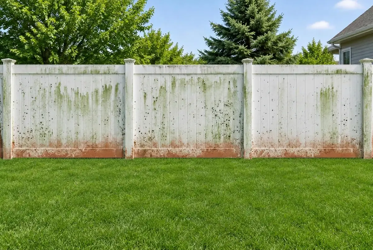 White fence with algae and clay stains before washing