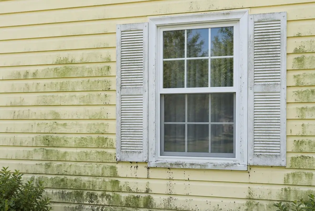 Yellow siding covered in green algae before cleaning
