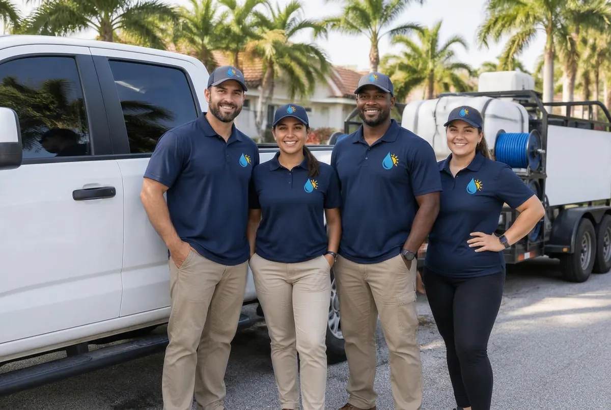 Fictional Palmline crew standing together beside professional cleaning equipment