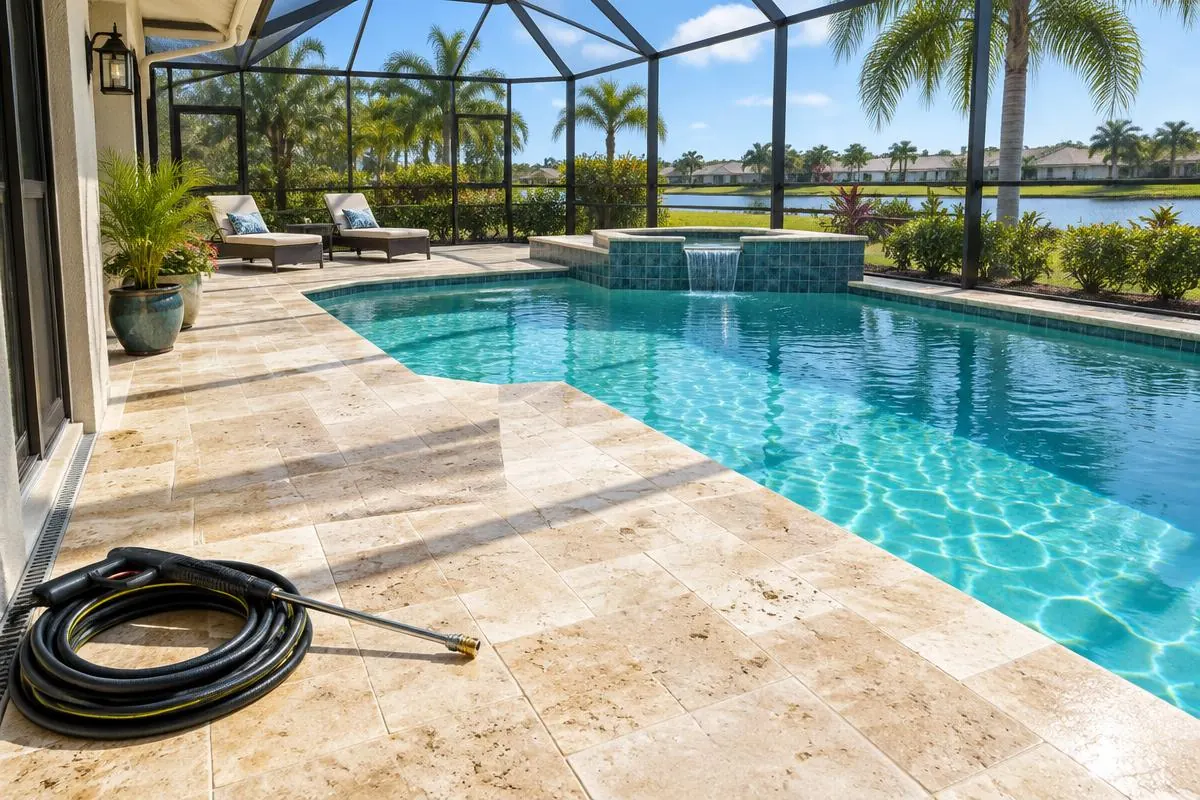 Freshly cleaned travertine deck beside a screened Florida pool