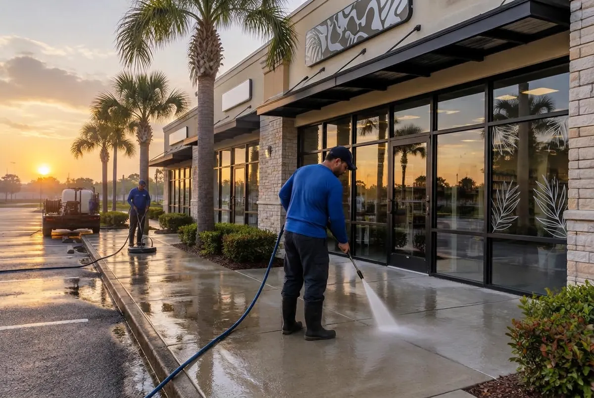 Crew cleaning the sidewalk outside Central Florida storefronts