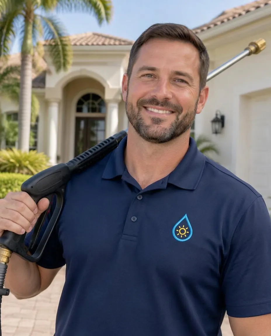 Fictional owner Jake Morales beside a Palmline pressure washing trailer