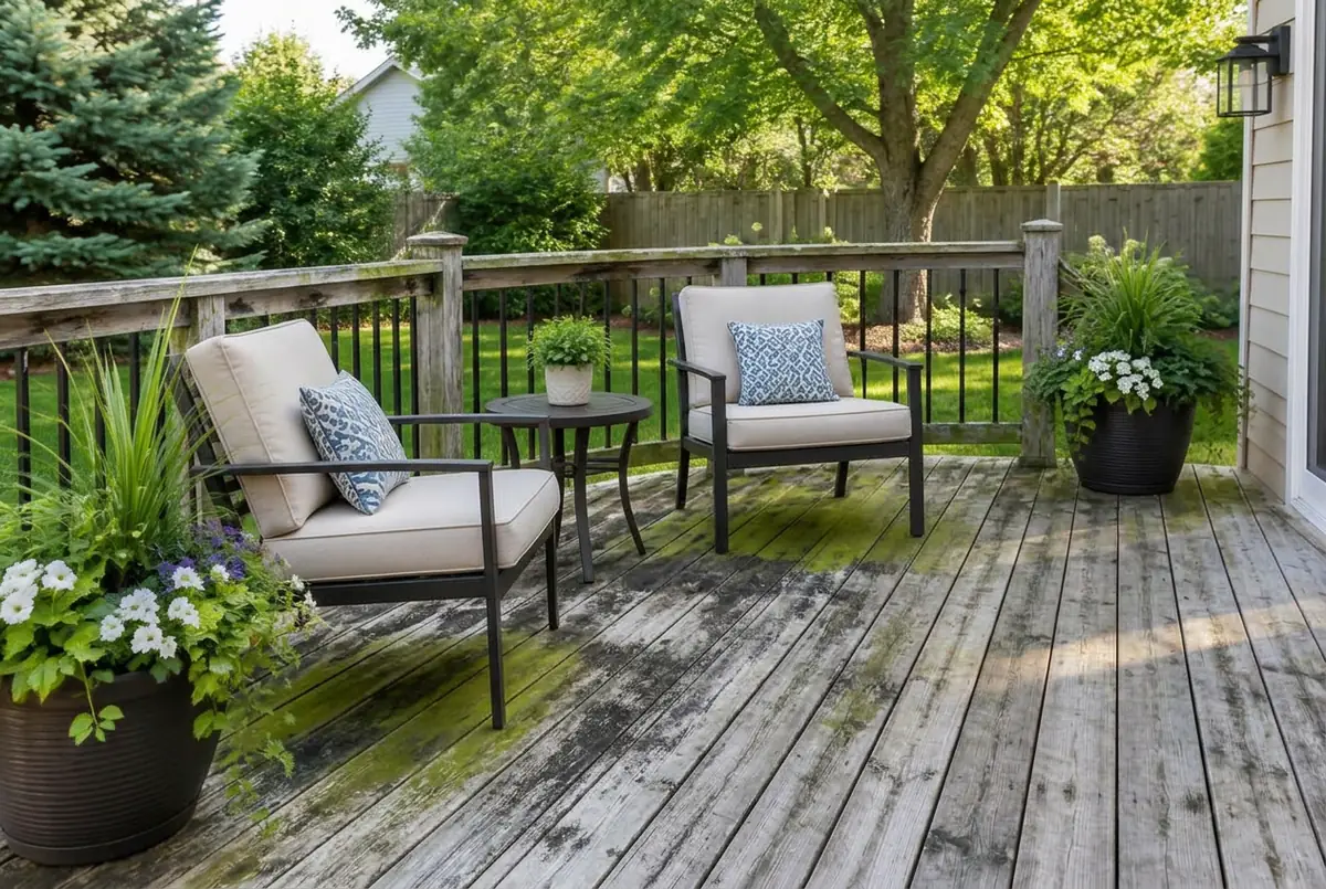 Weathered deck with green algae before cleaning