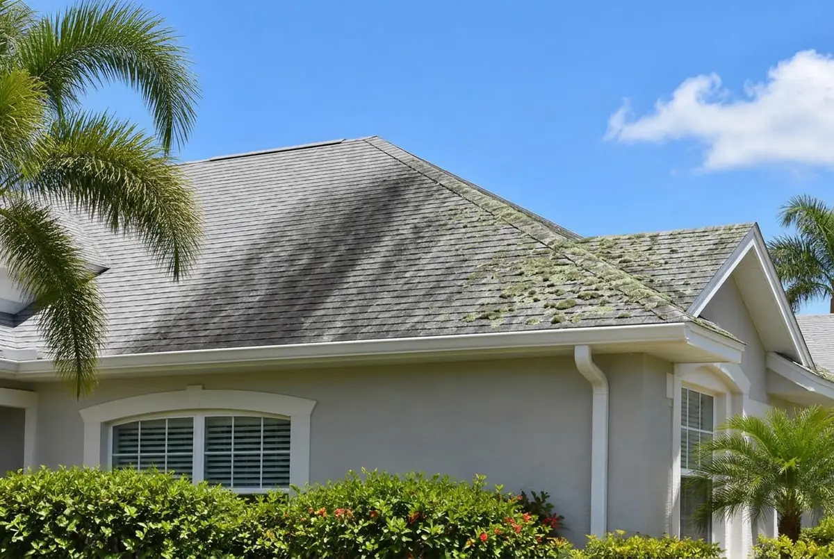 Shingle roof with black streaks and lichen before treatment