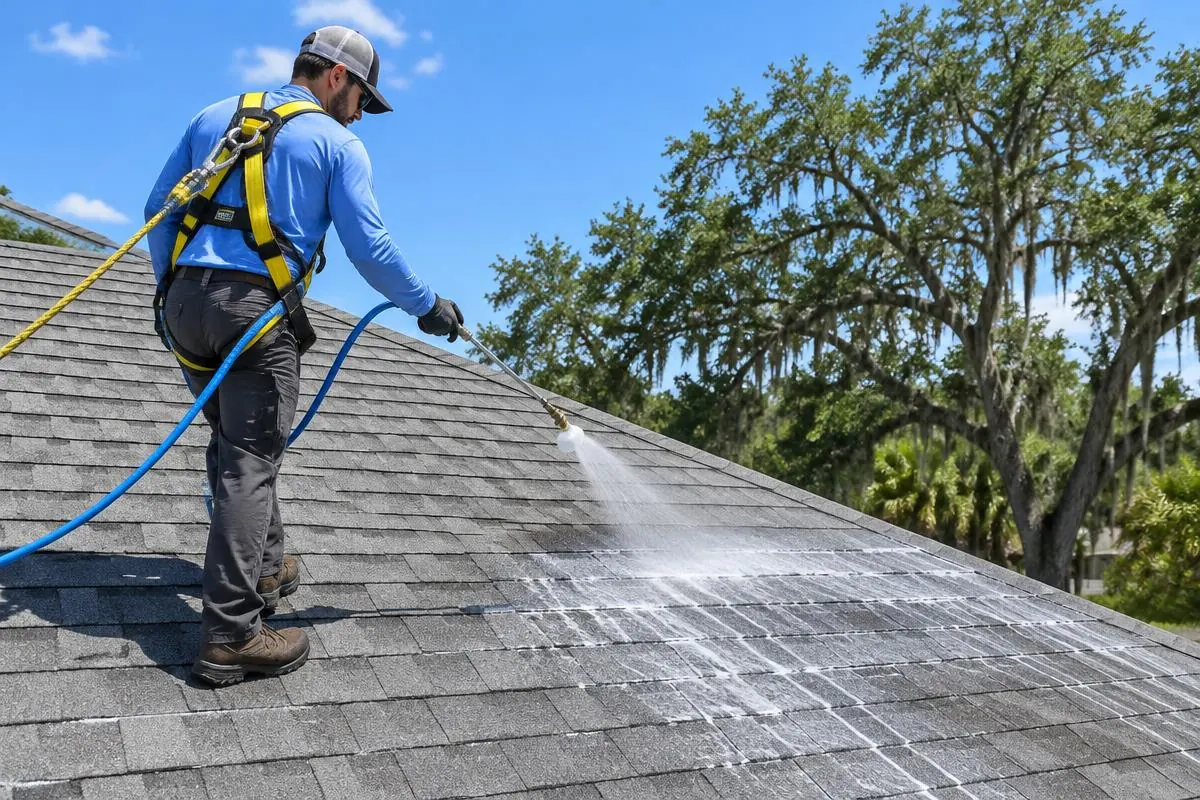 Harnessed technician applying a low-pressure roof treatment