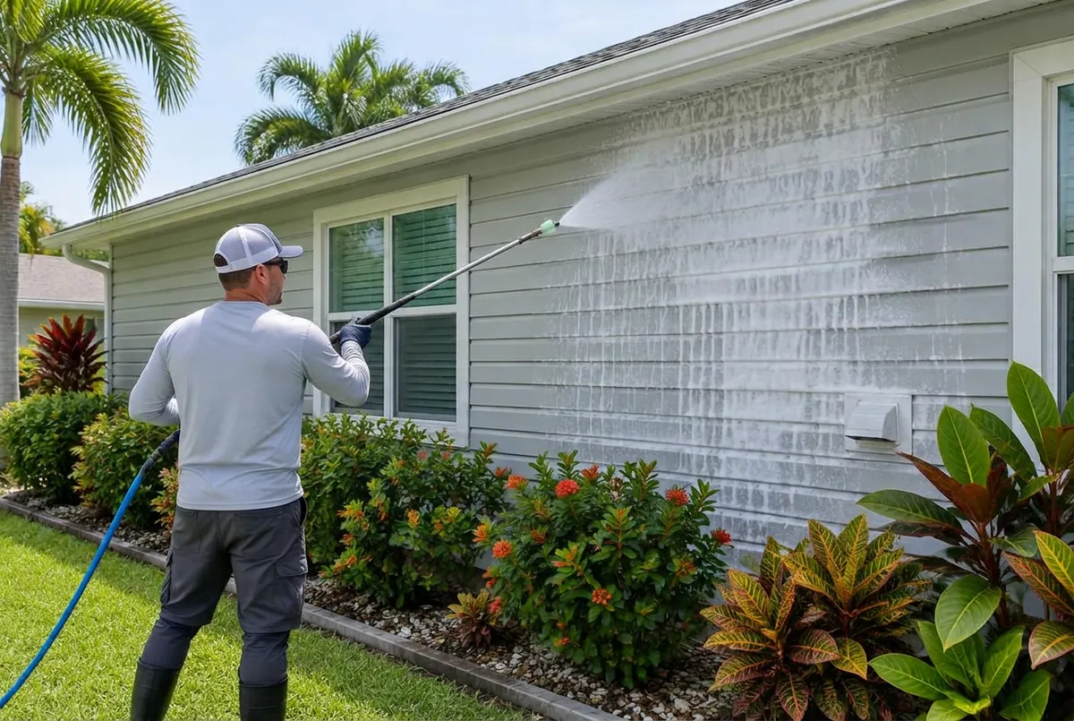 Technician soft washing gray siding on a Florida home