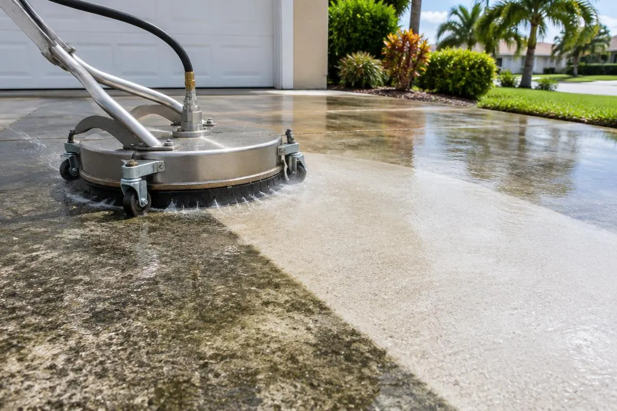 Surface cleaner cutting a clean path across a concrete driveway