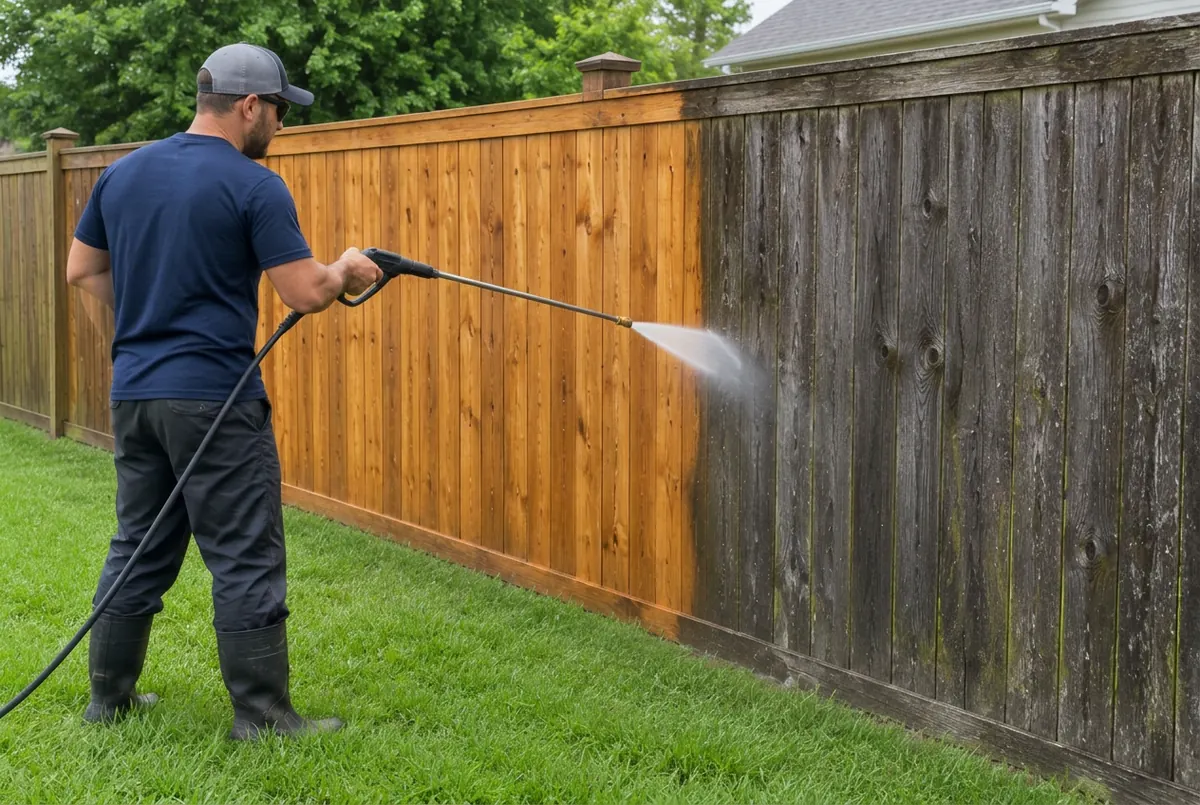 Technician restoring a weathered wooden privacy fence