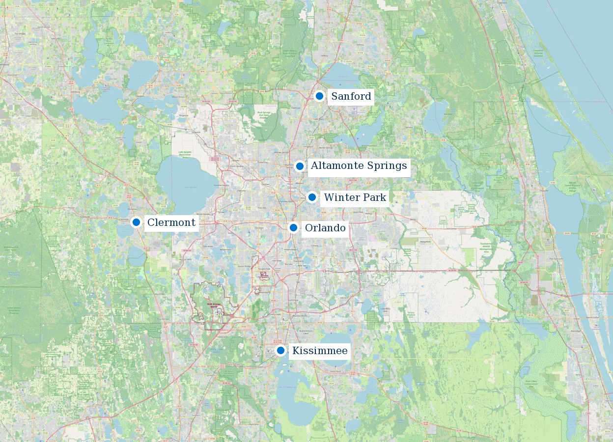Static map showing Greater Orlando and the Central Florida communities Palmline serves, from Sanford and Clermont in the west to Kissimmee in the south